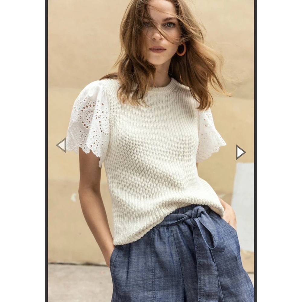 Lilla P crewneck sweater in navy has feminine eyelet sleeves🧵